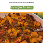 A casserole dish of gluten free Cornbread Chorizo Stuffing surrounded by apples.