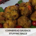 A plate piled with Cornbread Sausage Stuffing Balls