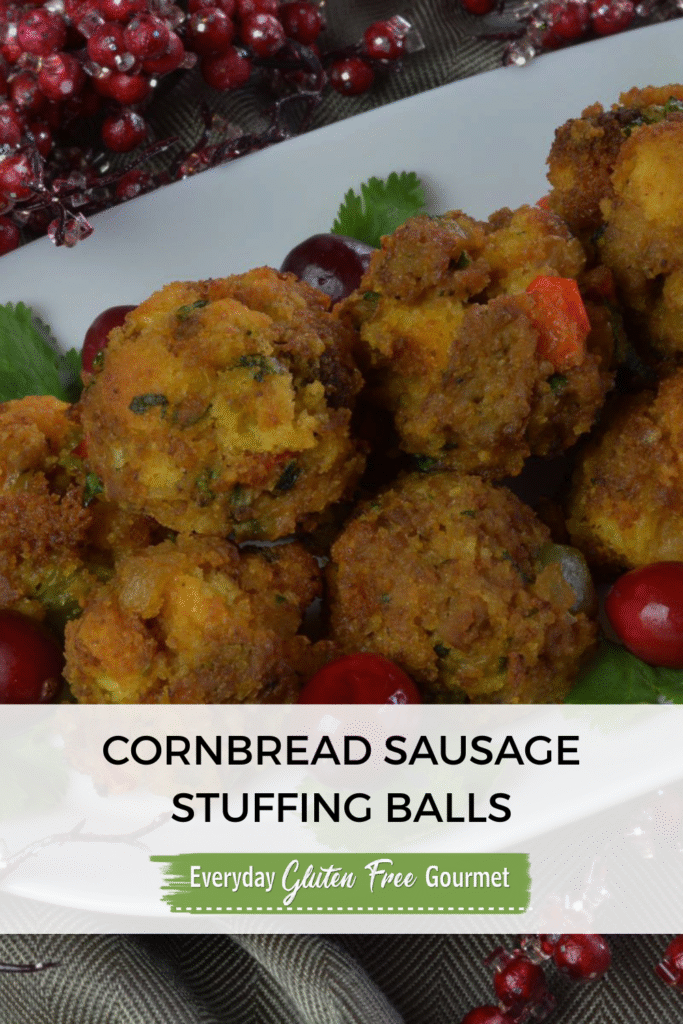A plate piled with Cornbread Sausage Stuffing Balls