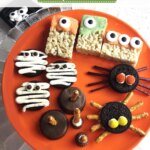 Gluten free homemade Halloween treats; Rice Krispie monsters, cookie spiders, Oreo mummies and witch's broomsticks.