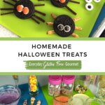 Cookie Spiders with candy eyes and legs of fruit or pretzel sticks above a teal blue board with Pretzel Stick Ghosts dipped in white, orange, green and purple with chocolate chip eyes or googly candy eyes.
