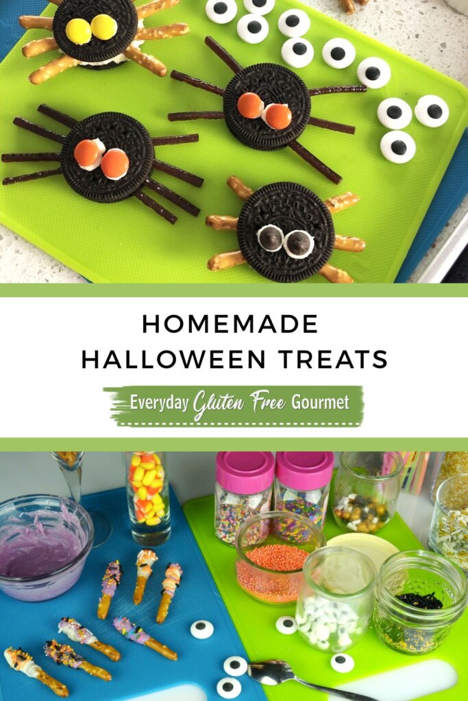 Cookie Spiders with candy eyes and legs of fruit or pretzel sticks above a teal blue board with Pretzel Stick Ghosts dipped in white, orange, green and purple with chocolate chip eyes or googly candy eyes.