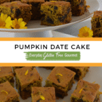Cut pieces of Pumpkin Date Cake on a pedestal tray garnished with edible flowers and surrounded my mini pumpkins.