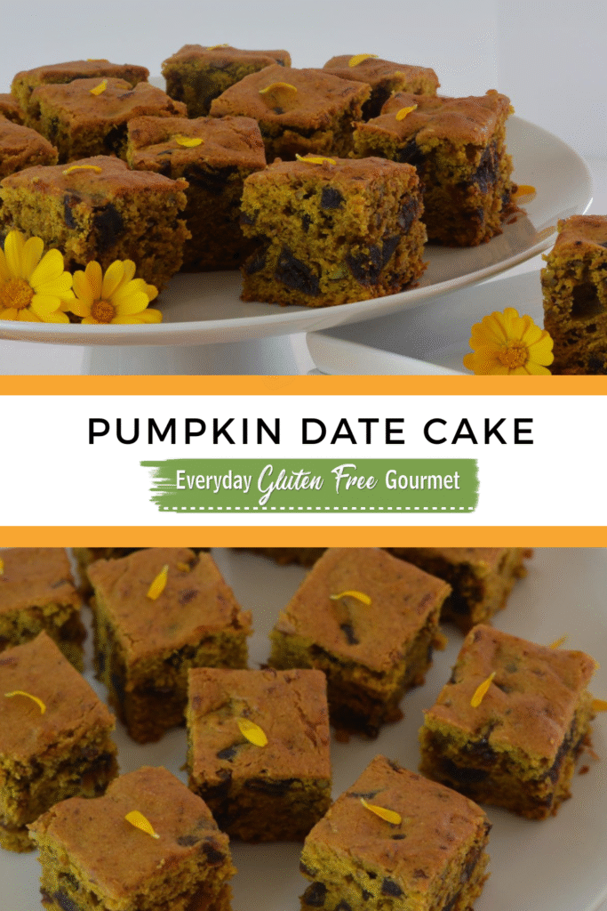 Cut pieces of Pumpkin Date Cake on a pedestal tray garnished with edible flowers and surrounded my mini pumpkins.