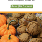 A basket of gluten free Pumpkin Ginger Muffins beside orange mini pumpkins.