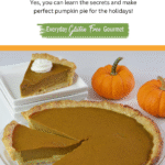 A whole gluten free Pumpkin Pie with one piece placed on a plate and 2 mini pumpkins beside it.
