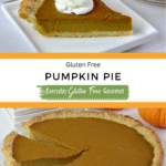 A slice of gluten-free pumpkin pie with whipped cream on a white plate, next to a full pie in a glass dish with one slice removed.