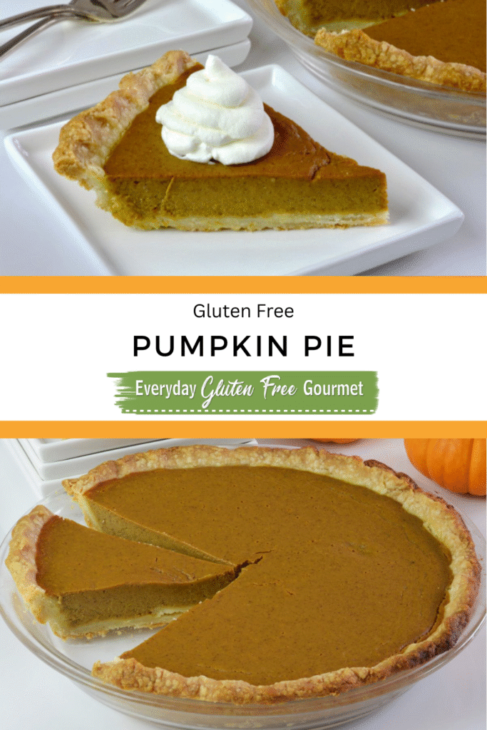A slice of gluten-free pumpkin pie with whipped cream on a white plate, next to a full pie in a glass dish with one slice removed.