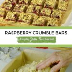 A board with cut gluten free Raspberry Crumble Bars and someone pressing the crumb mixture into the bottom of a baking pan with their fingers.