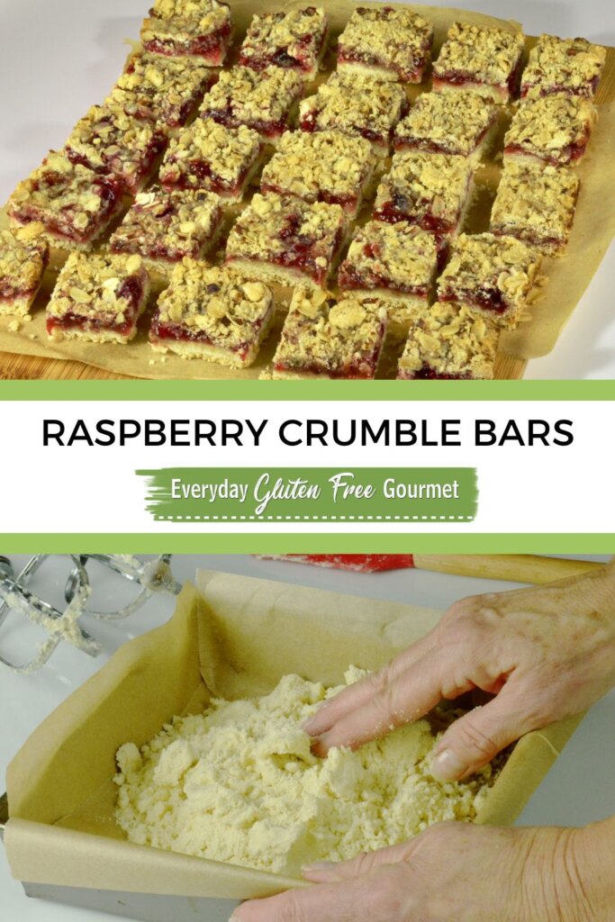 A board with cut gluten free Raspberry Crumble Bars and someone pressing the crumb mixture into the bottom of a baking pan with their fingers.