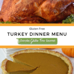 Achiote Butter Basted turkey on a platter garnished with herbs, above a gluten-free pumpkin pie with a slice removed.