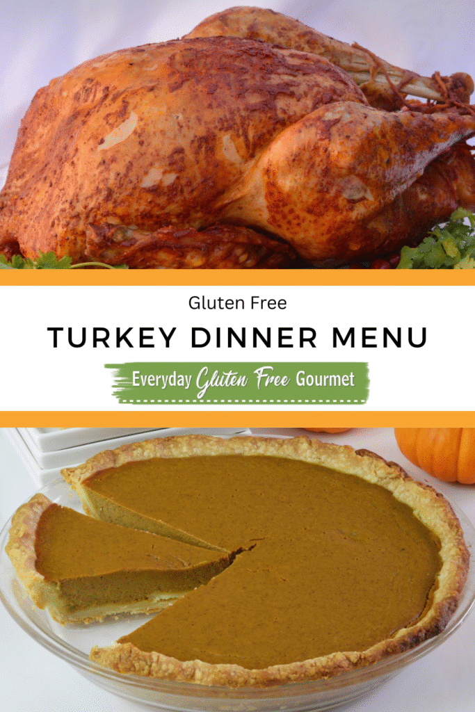 Achiote Butter Basted turkey on a platter garnished with herbs, above a gluten-free pumpkin pie with a slice removed.