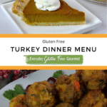 A slice of gluten-free pumpkin pie topped with whipped cream sits on a white plate, above a dish of Cornbread Sausage stuffing balls garnished with fresh herbs and cranberries.