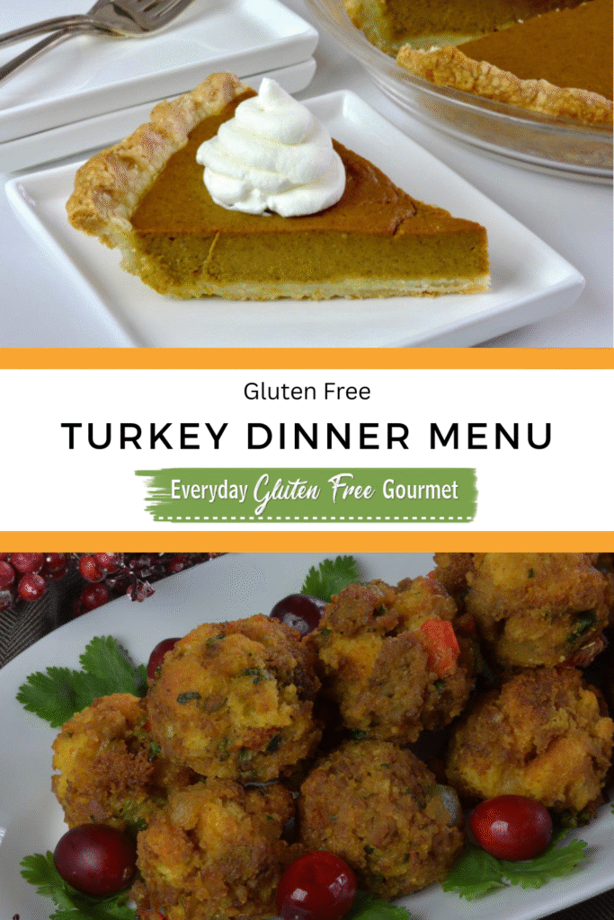 A slice of gluten-free pumpkin pie topped with whipped cream sits on a white plate, above a dish of Cornbread Sausage stuffing balls garnished with fresh herbs and cranberries.