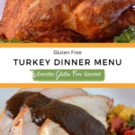 A whole Achiote Butter Basted Turkey on a platter surrounded by cranberries and cilantro above a plate of gluten free Cornbread Chorizo Stuffing topped with turkey slices.