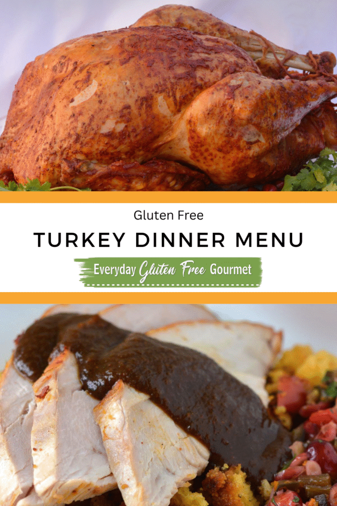 A whole Achiote Butter Basted Turkey on a platter surrounded by cranberries and cilantro above a plate of gluten free Cornbread Chorizo Stuffing topped with turkey slices.