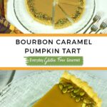 A gluten free Bourbon Caramel Pumpkin Tart on a platter with three pieces cut and one beside it on a plate.