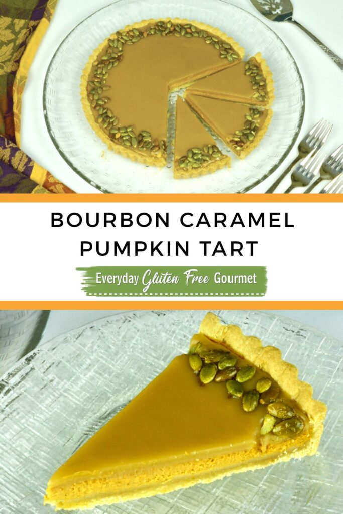 A gluten free Bourbon Caramel Pumpkin Tart on a platter with three pieces cut and one beside it on a plate.