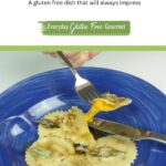 A fork picking one gluten free butternut squash ravioli out of a bowl.