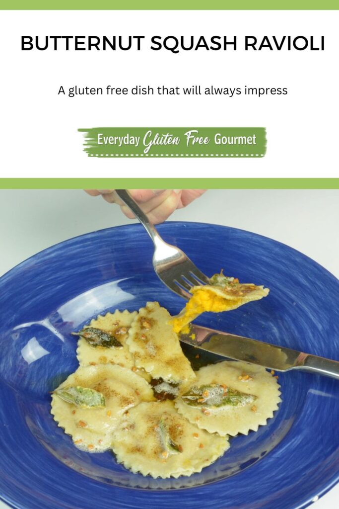 A fork picking one gluten free butternut squash ravioli out of a bowl.
