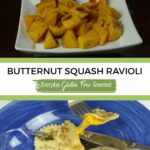A plate of cooked, cut up butternut squash and a fork picking one gluten free butternut squash ravioli out of a bowl.