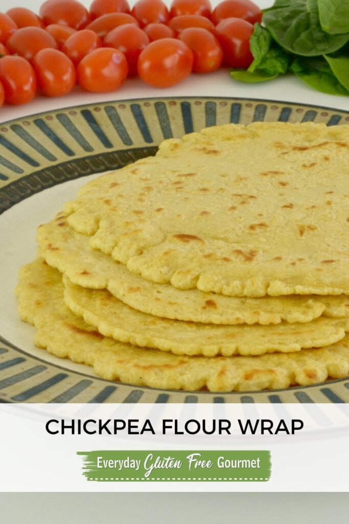 A stack of four gluten free chickpea flour wraps on a plate.