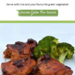 Three thigh pieces of gluten free Cranberry Orange Chicken and steamed broccoli.