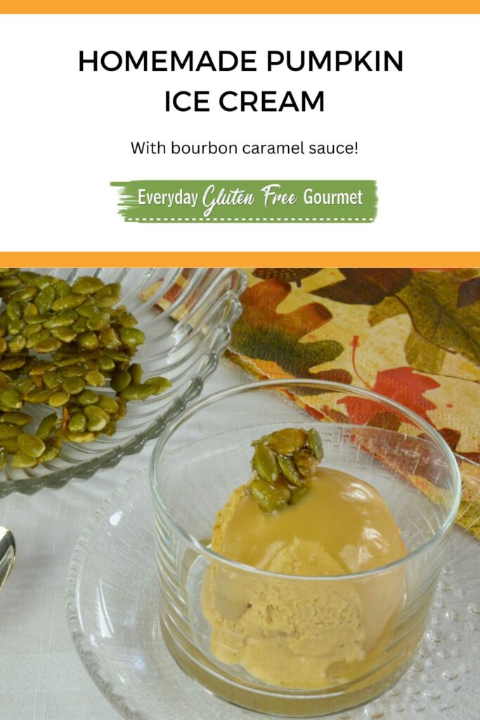 A dish of Homemade Pumpkin Ice Cream with Bourbon Caramel Sauce topped with sweet and salty roasted pumpkin seeds.