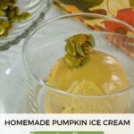 A dish of Homemade Pumpkin Ice Cream with Bourbon Caramel Sauce topped with sweet and salty roasted pumpkin seeds.