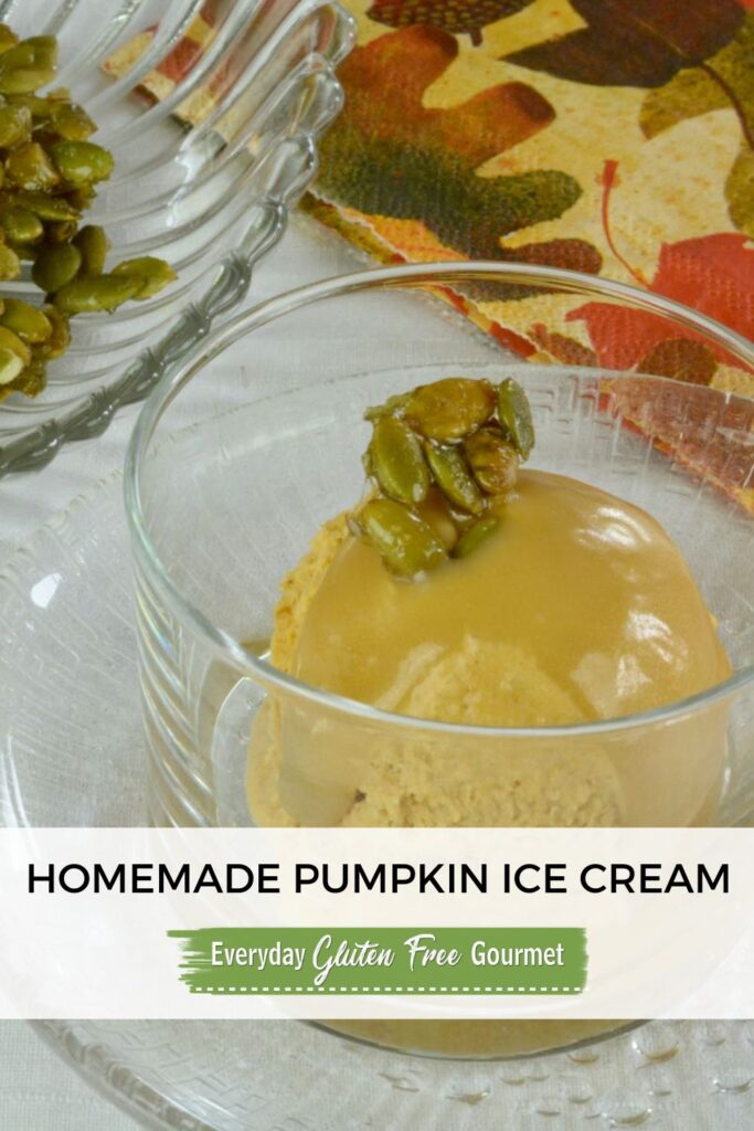 A dish of Homemade Pumpkin Ice Cream with Bourbon Caramel Sauce topped with sweet and salty roasted pumpkin seeds.