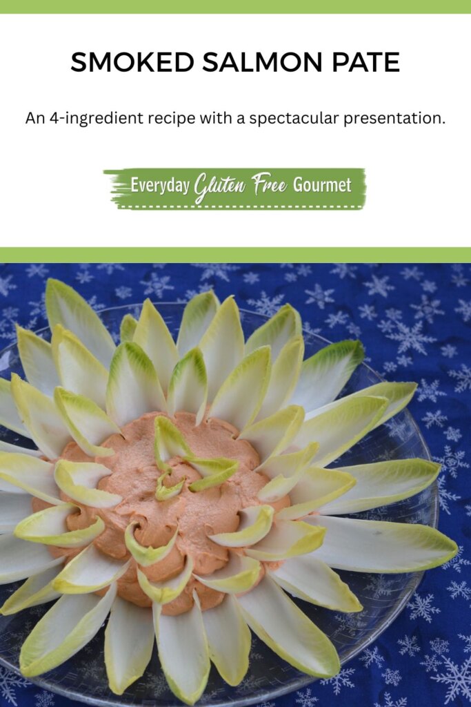 A platter with smoked salmon pate surrounded by Belgain endive leaves to look like a flower.