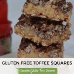 A stack of gluten free toffee squares with Christmas ribbon in the background.