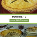 A whole tourtiere on a red platter with a dish of cranberry chutney and a few Christmas balls and a tourtiere with two wedges on plates with cranberry chutney on the side.