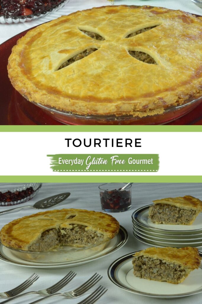 A whole tourtiere on a red platter with a dish of cranberry chutney and a few Christmas balls and a tourtiere with two wedges on plates with cranberry chutney on the side.