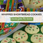A tin of gluten free Whipped Shortbread cookies decorated with red and green sprinkles.