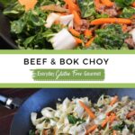 A wok full of raw bok choy and julienned carrot on top of the beef.