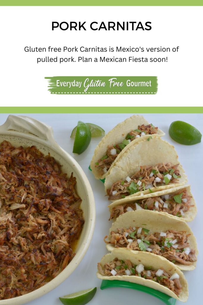 A platter of Mexican Pork Carnitas surrounded by tacos filled with pork and lime wedges.