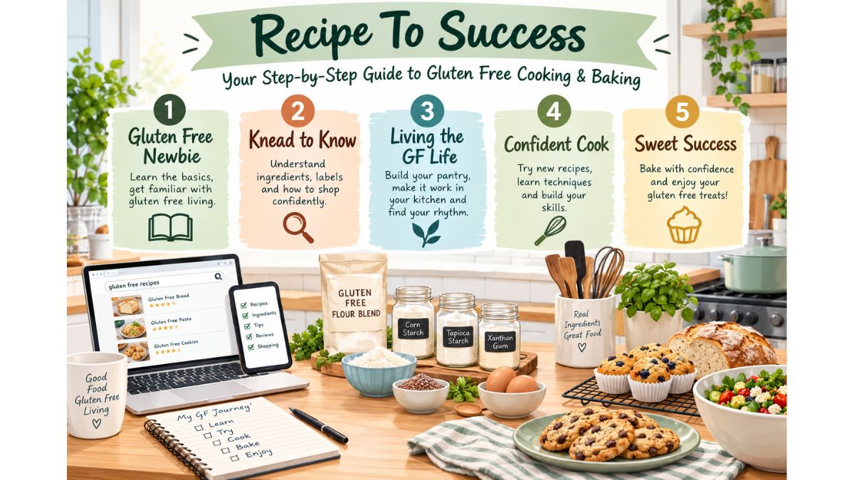A graphic of a kitchen counter with a laptop, canisters of flour, cookies and bread. Behind the counter are the 5 steps of the Recipe To Success, with a brief description of each.
